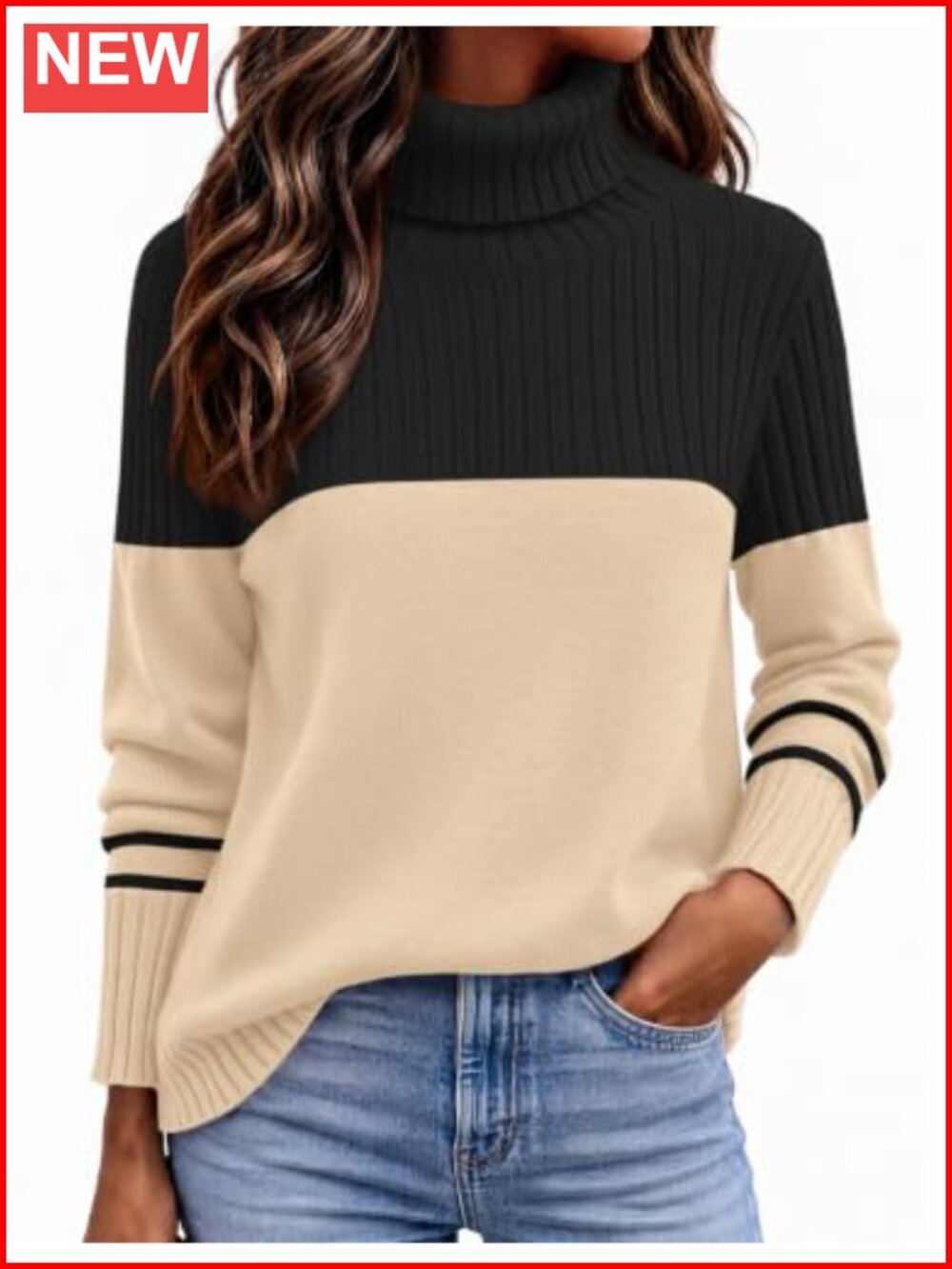 Turtleneck Sweater Ribbed Knit Pullover Loose Fit Fall Winter Casual